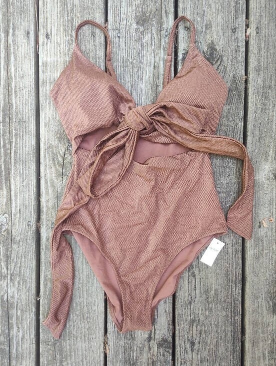 aerie Other - Aerie One Piece Cutout Swimsuit with Tie Shimmer Brown Copper Sz Medium